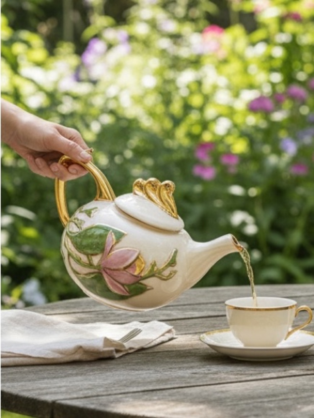 Hull Art Porcelain Magnolia and Gold Trim Teapot U.S.A. 1940's